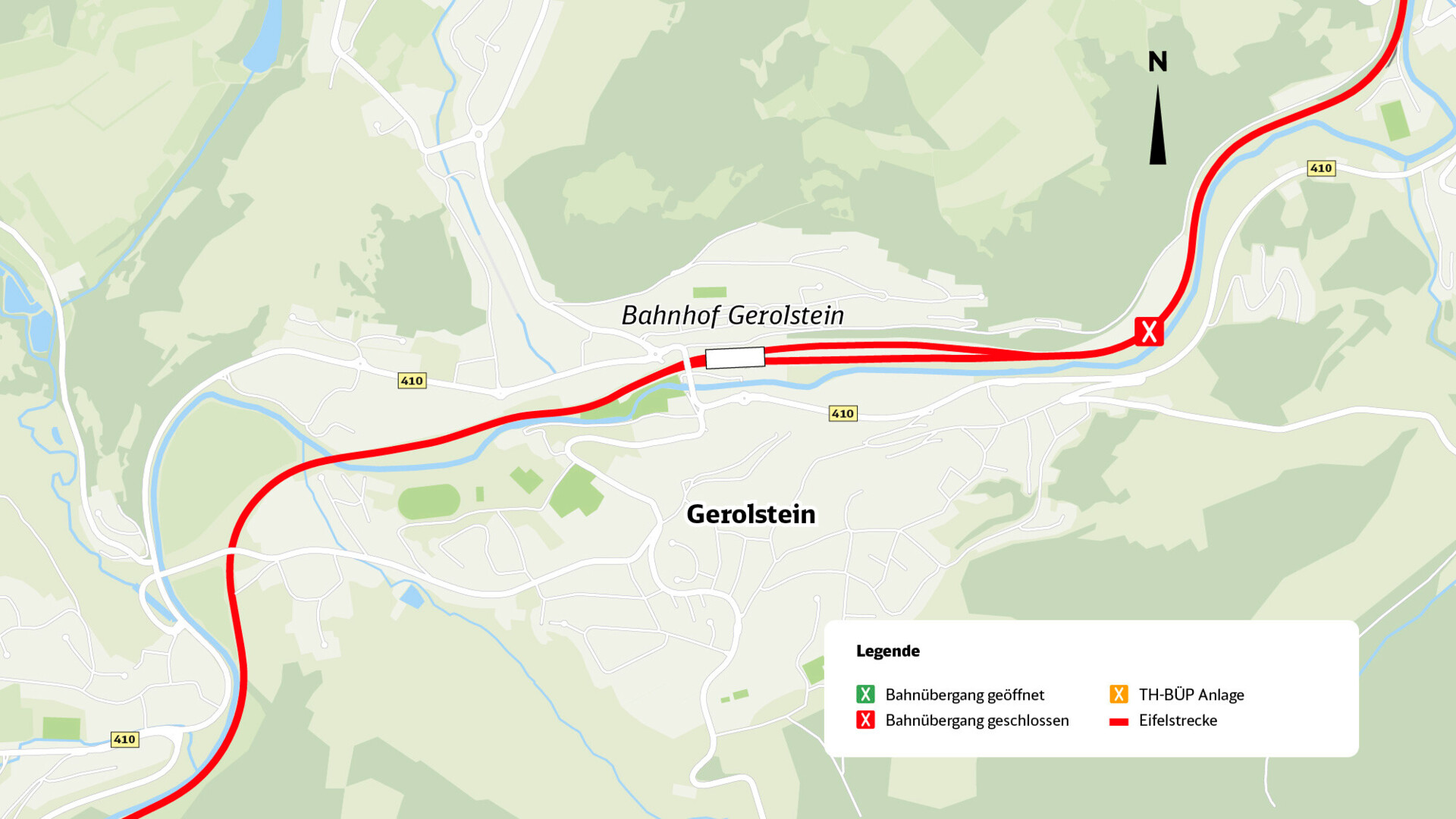 Karte zeigt geschlossenen Bahnübergang der Eifelstrecke bei Gerolstein.