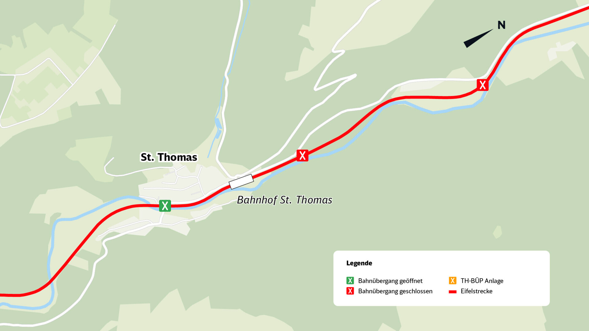 Karte zeigt zwei geschlossene und einen geöffneten Bahnübergang der Eifelstrecke bei St. Thomas.