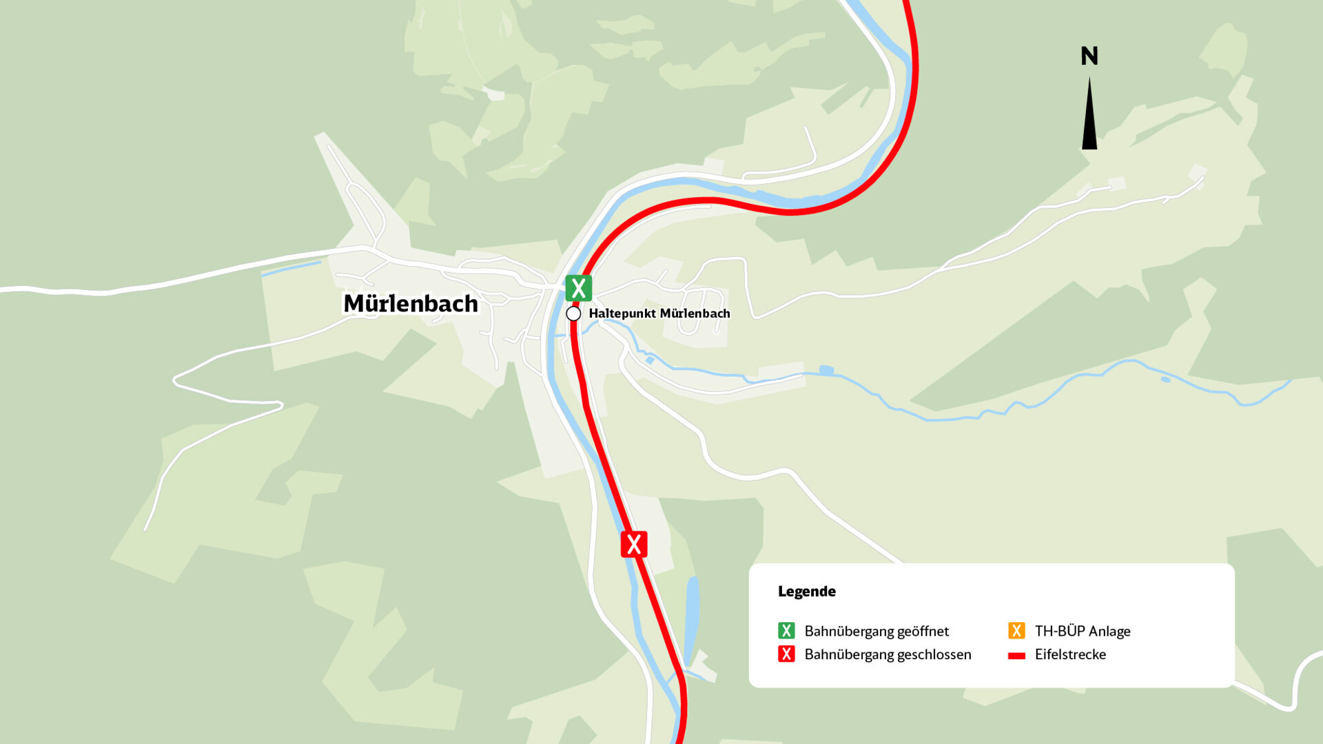 Karte zeigt einen geöffneten und einen geschlossenen Bahnübergang der Eifelstrecke bei Mürlenbach.