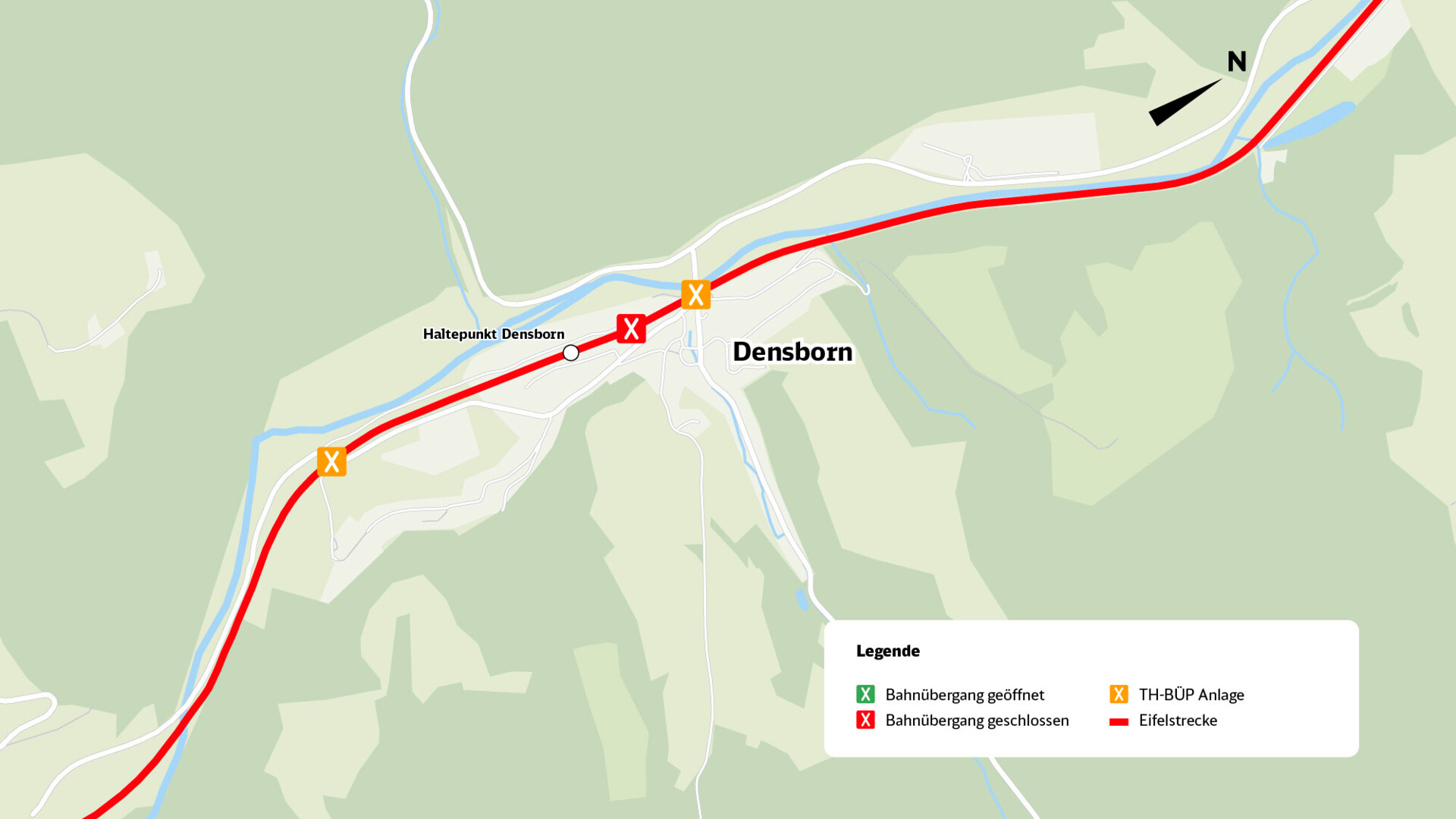 Karte zeigt einen geschlossenen und zwei mit einer TH-BÜP Anlage gesicherte Bahnübergänge der Eifelstrecke bei Densborn.